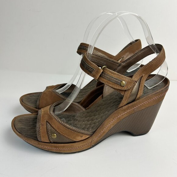 Privo Sandals Brown Wedge Slingback Heels Leather Peep Toe Comfort - Picture 2 of 13